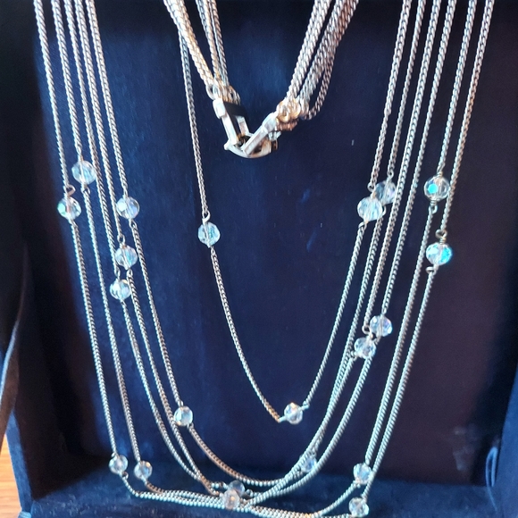 Necklace 15" w/6 Strands & Aurora Borelious Beads& Plates w/Faux Chip Diamonds. - Picture 1 of 9